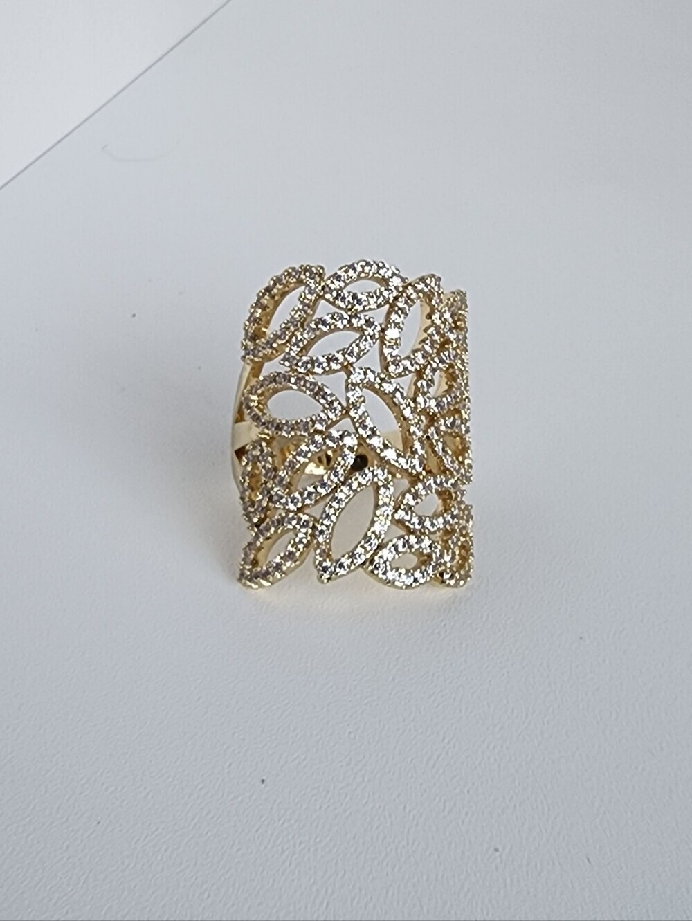 Gold Plated CZ Leaf Filigree Statement Ring Size 8 Wide Band Cocktail Ring